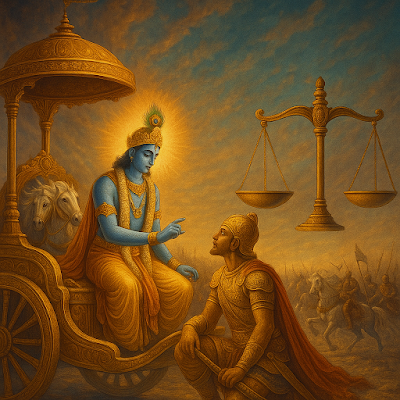 Divine cosmic energy figure inspired by Bhagavad Gita, symbolizing karma, duty, and inner light