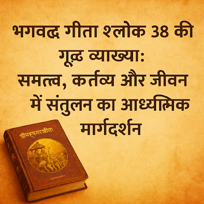 भगवद गीता अध्याय 2 श्लोक 38 से प्रेरित एक डिजिटल चित्र जिसमें अर्जुन और श्रीकृष्ण कुरुक्षेत्र के मैदान में समत्व का संदेश देते हैं, जो आत्मिक संतुलन, कर्तव्य और जीवन में स्थिरता को दर्शाता है।