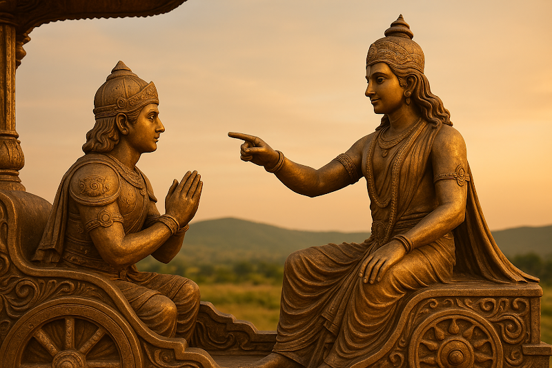 Bronze statue of Lord Krishna guiding Arjuna on a chariot, symbolizing Bhagavad Gita teachings, spiritual wisdom, and Karma Yoga from Chapter 2, Shloka 39