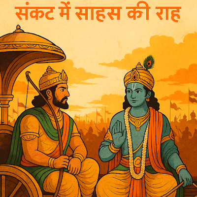 Digital artwork of Lord Krishna guiding Arjuna during Kurukshetra war from Bhagavad Gita Chapter 2 Shloka 37, symbolizing spiritual courage, duty (dharma), and inner strength in moments of fear.