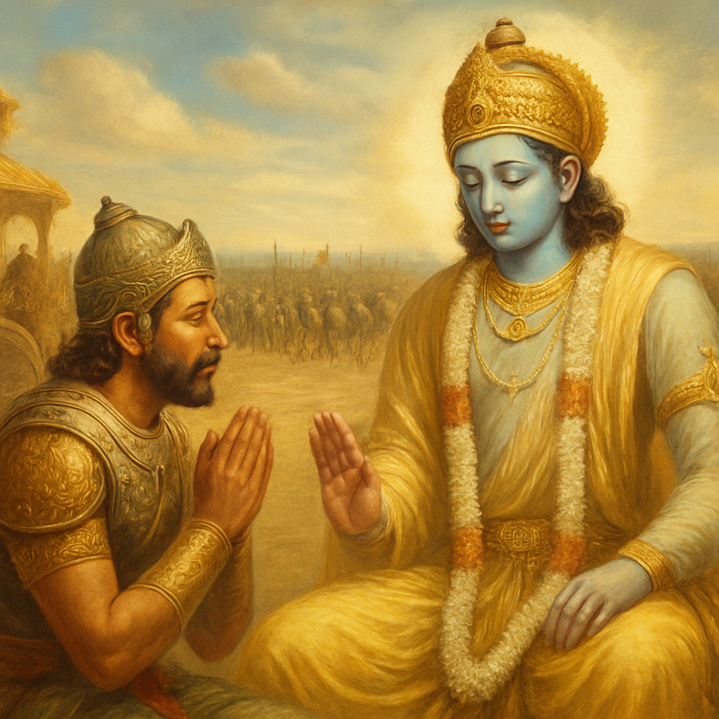 एक पारंपरिक भारतीय चित्र जिसमें भगवद गीता अध्याय 2 श्लोक 40 की प्रेरणा से साधना में लीन व्यक्ति को दर्शाया गया है — आत्मा की अमरता और धर्मपथ पर अडिग रहने की भावना को प्रकट करता हुआ दृश्य