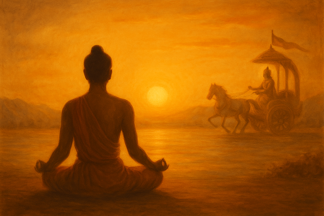 एक पारंपरिक भारतीय चित्रकला जिसमें भगवद गीता श्लोक 2.41 की एकनिष्ठ बुद्धि का जीवन में उपयोग दर्शाया गया है | Life Direction and Focus Through Gita Illustration