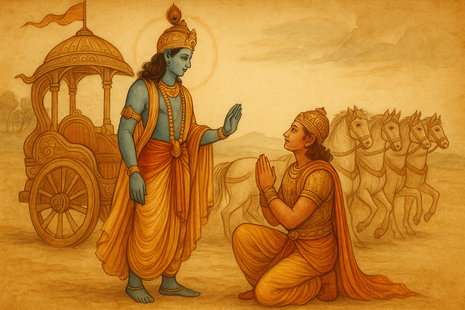 एक पारंपरिक भारतीय चित्रकला जिसमें महाभारत का दृश्य है, अर्जुन और श्रीकृष्ण कुरुक्षेत्र के युद्धभूमि में संवाद करते हुए, जो भगवद गीता अध्याय 2 श्लोक 42 के संदेश – पुष्पित वाणी से परे सत्य और मौन – को दर्शाता है।